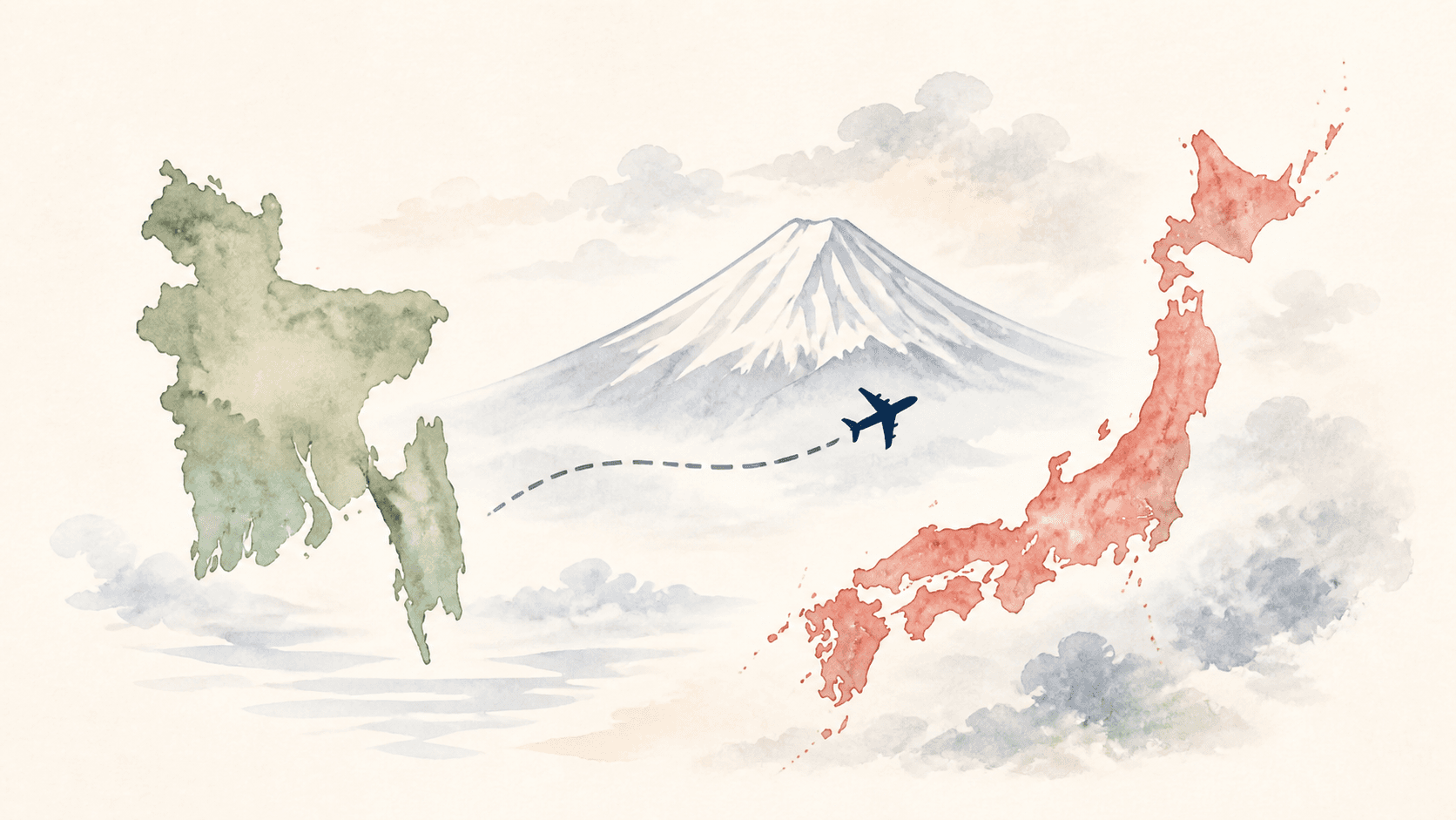 Watercolor map showing Bangladesh to Japan