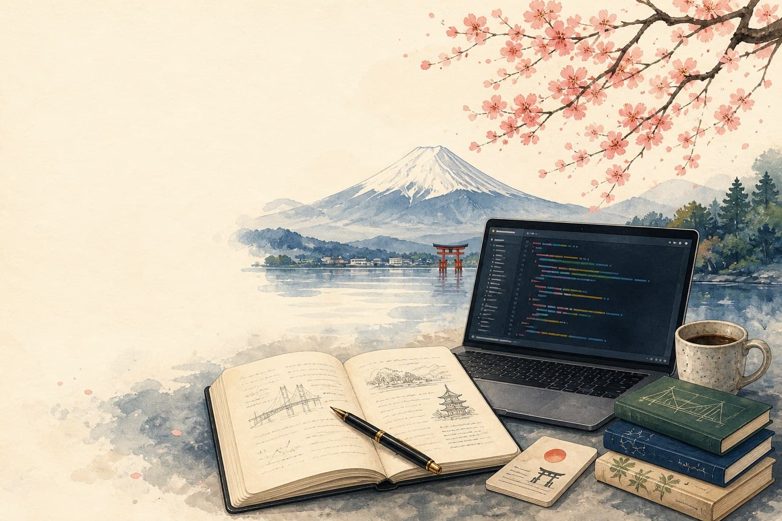 Notebook, laptop and Mount Fuji watercolor illustration