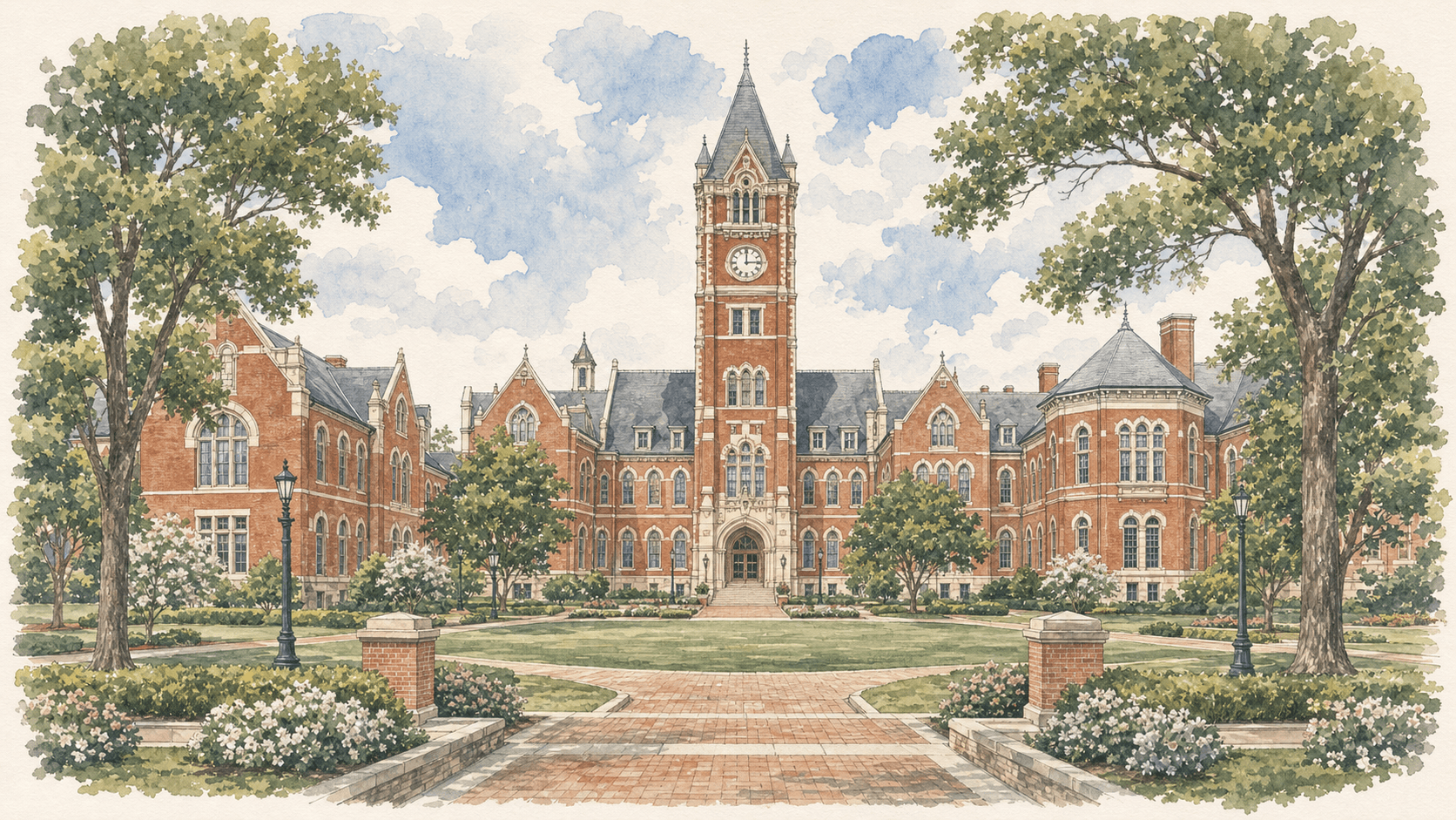 Watercolor university landscape