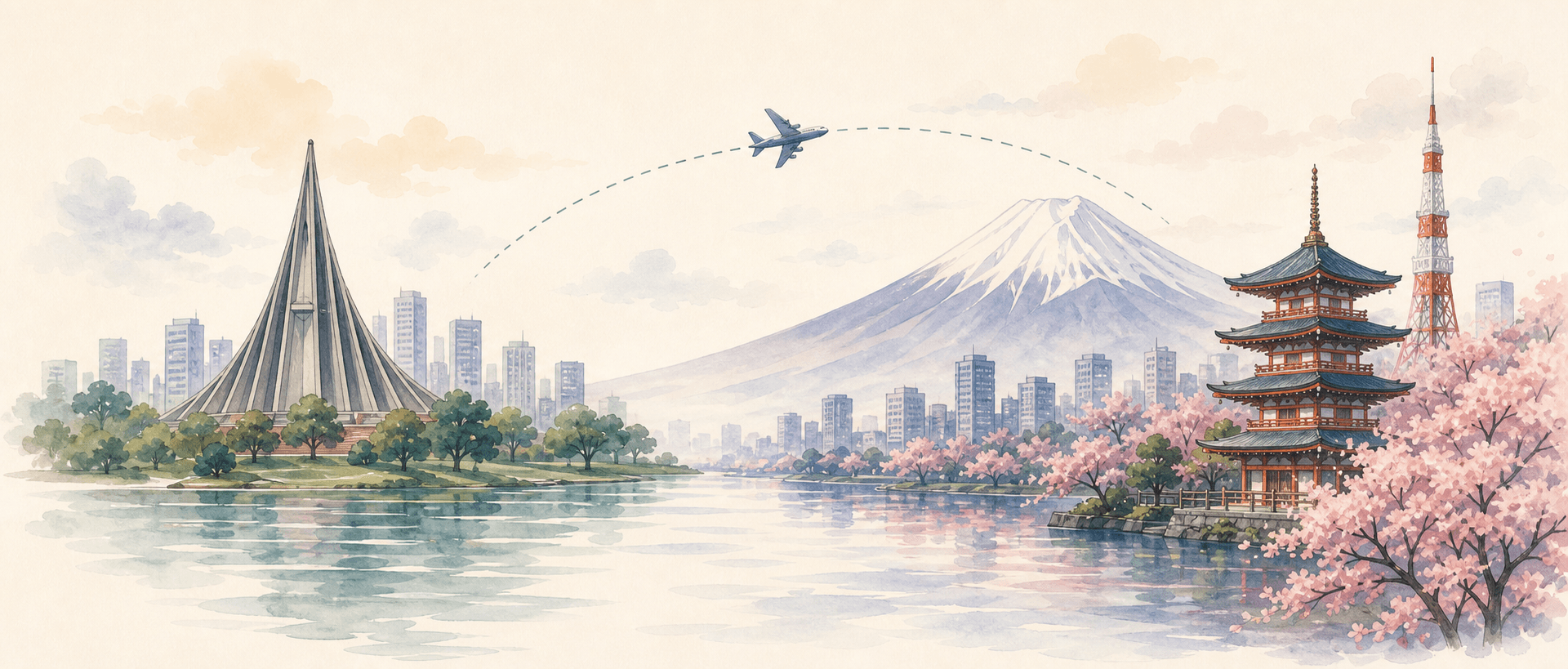 Mount Fuji and Japanese pagoda watercolor