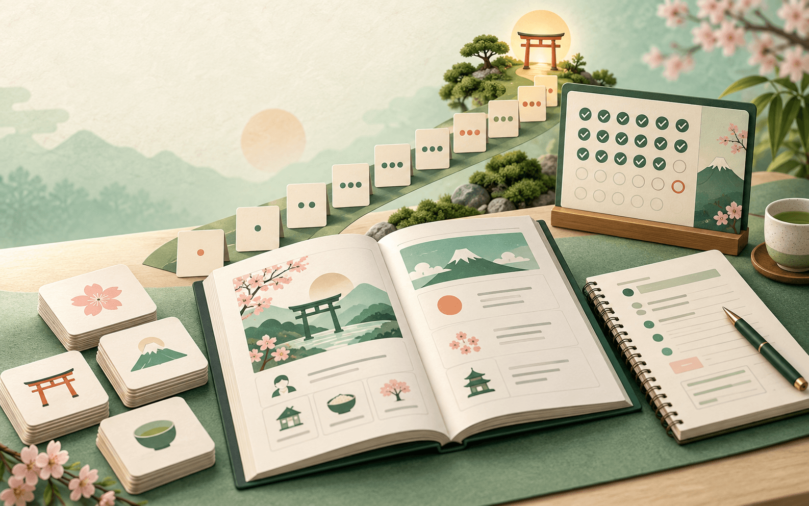 JLPT N5 structured learning path with study cards and progress milestones