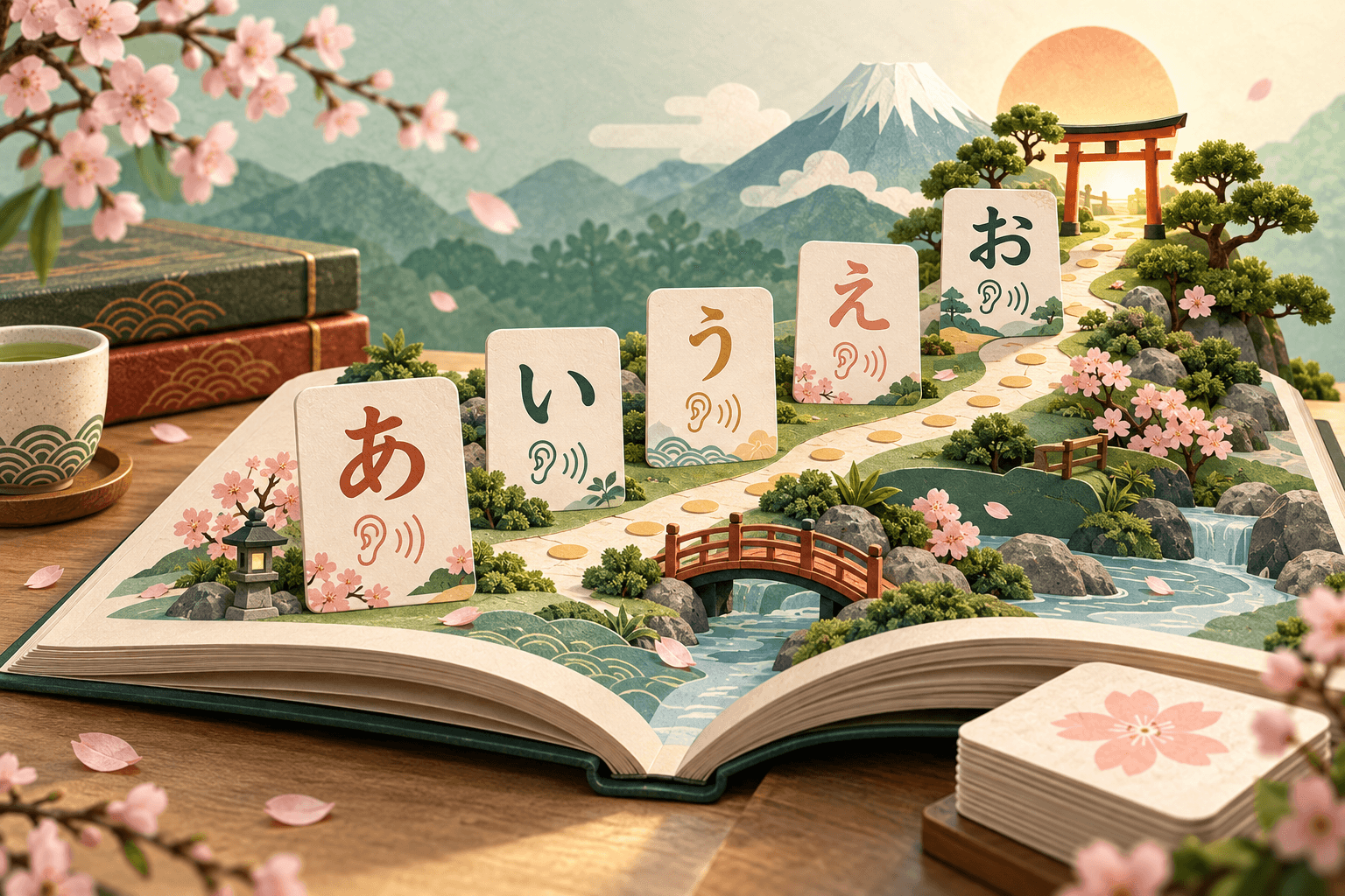 KanaStory open storybook with Hiragana cards and a Japanese learning path