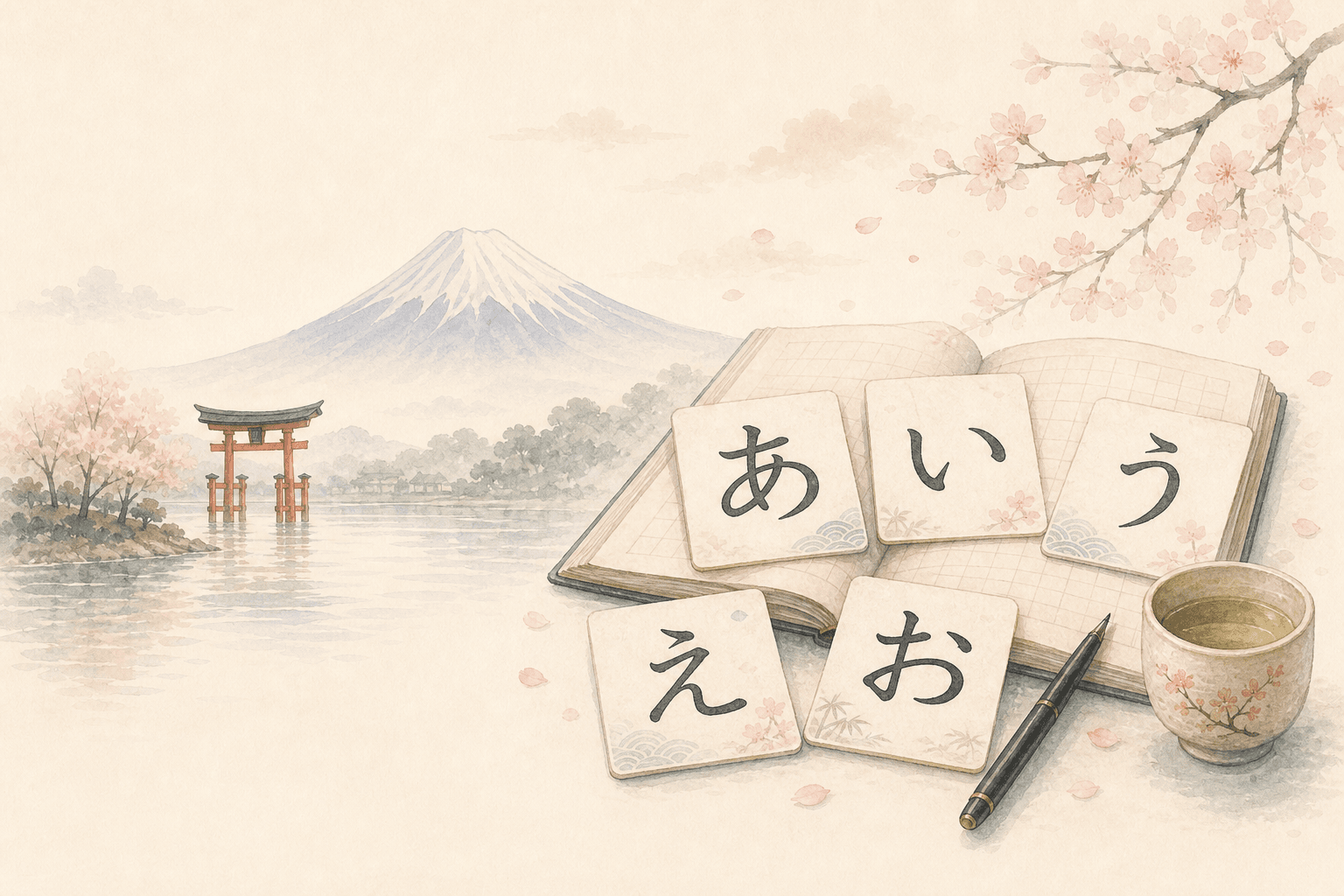 KanaStory watercolor Japanese landscape and Hiragana learning cards