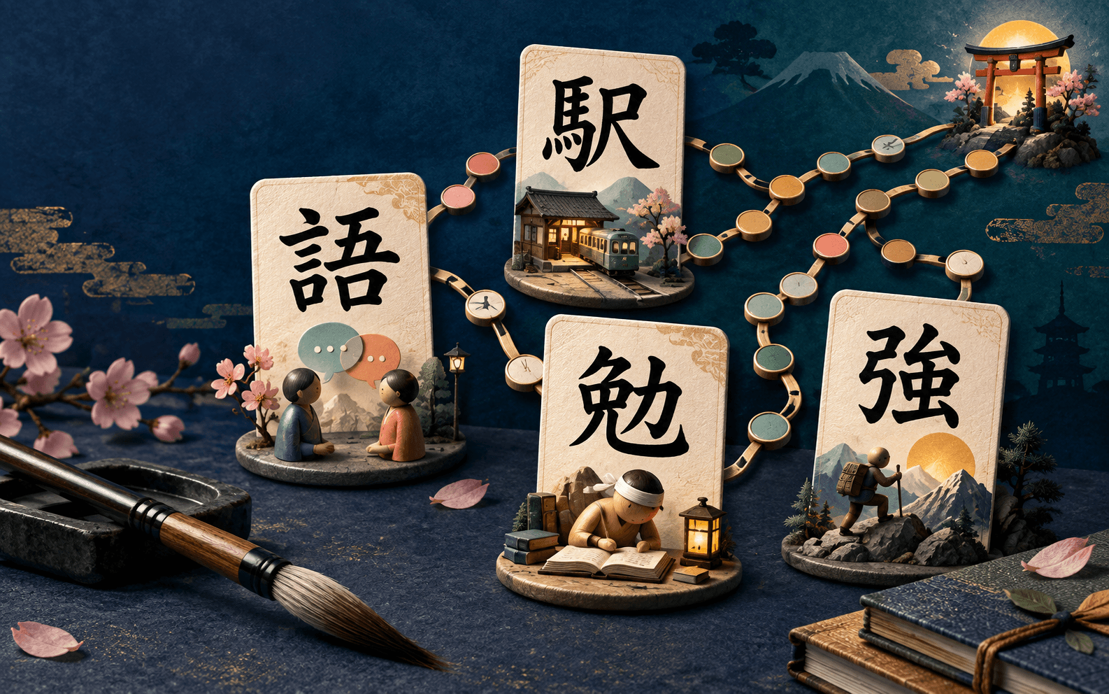 N4 Kanji shape-story cards connected in an advanced learning trail