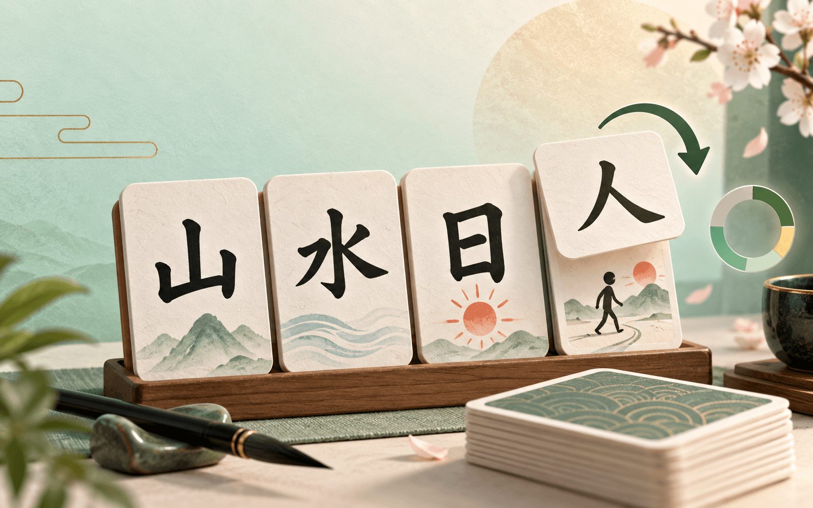 N5 Kanji flashcards with shape stories and active recall progress