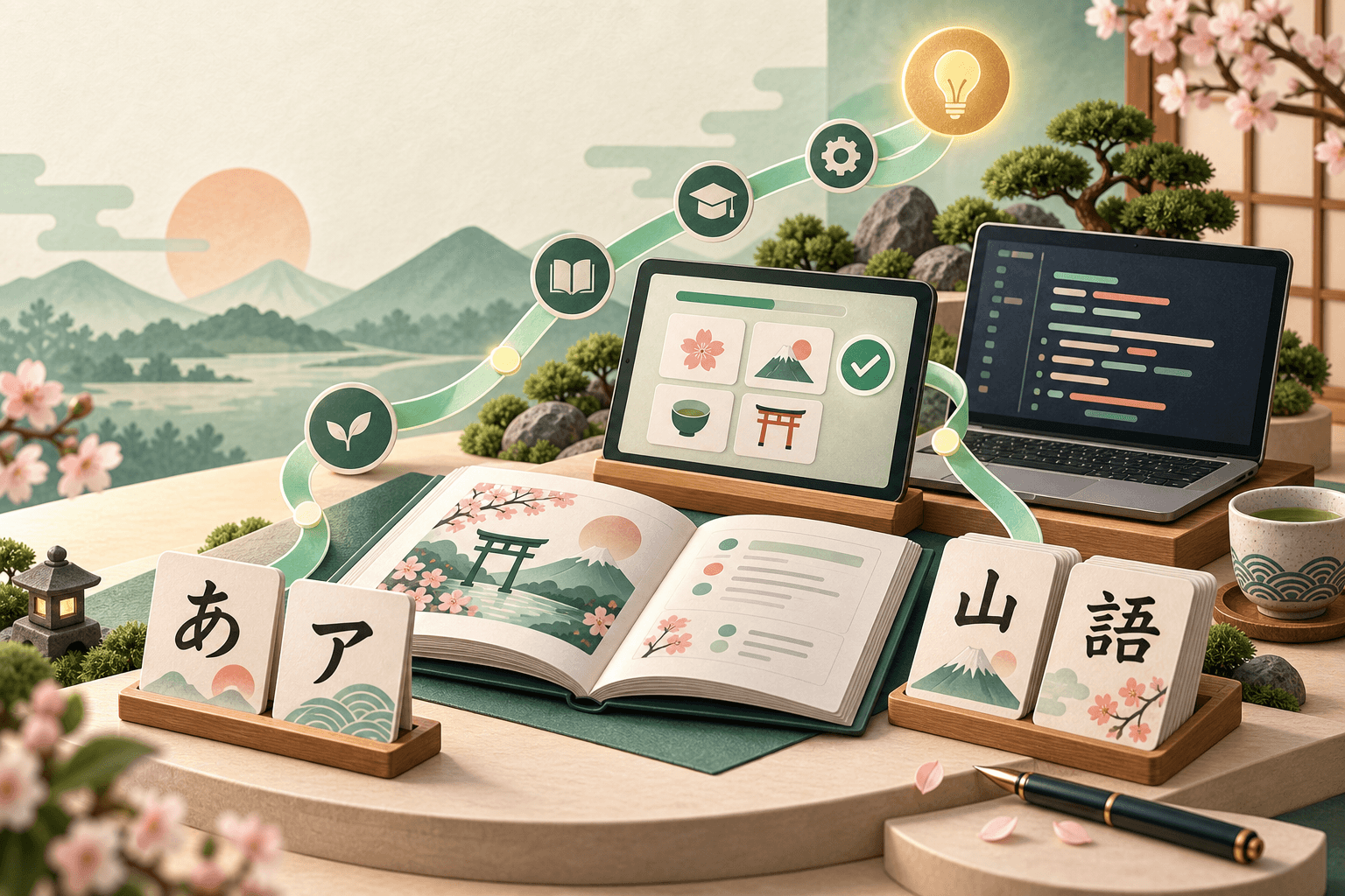 Japanese learning and programming tools illustration