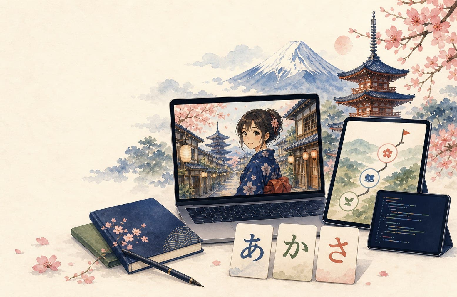 Japanese learning and programming tools illustration