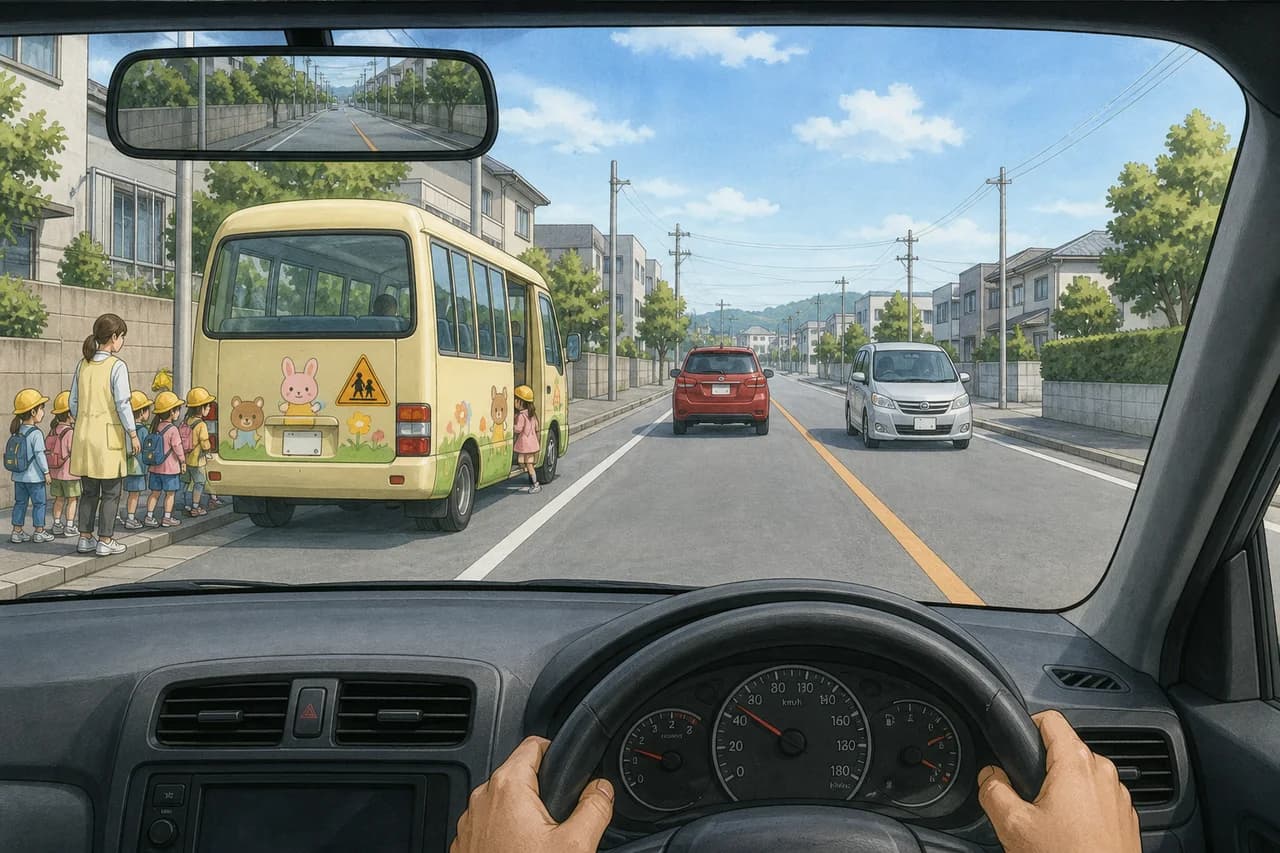 Driver approaching a kindergarten bus, children and oncoming traffic