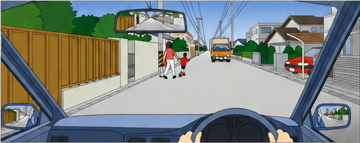 Driver approaching an adult and child on a narrow road with an oncoming vehicle