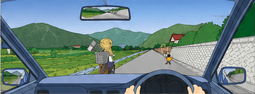 Driver following a cyclist while children walk beside a rural road