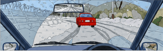 Driver following a red car on a narrow snow-covered road