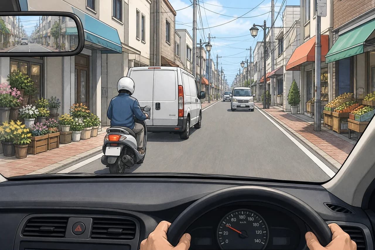 Driver approaching a moped beside a parked van on a narrow street
