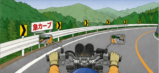 Motorcyclist approaching a sharp mountain curve with limited visibility