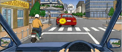 Driver approaching a right turn behind a car and a moped at a pedestrian crossing
