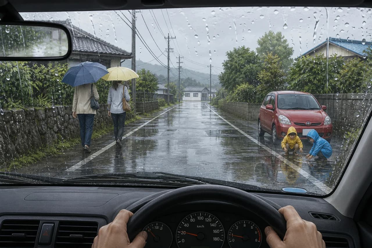 Rainy road with pedestrians, puddles and children playing near a parked car
