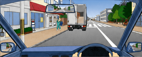 Driver approaching a parked truck that hides a pedestrian crossing