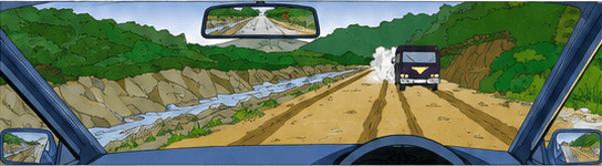 Driver following a truck that is raising a large dust cloud on an unpaved road
