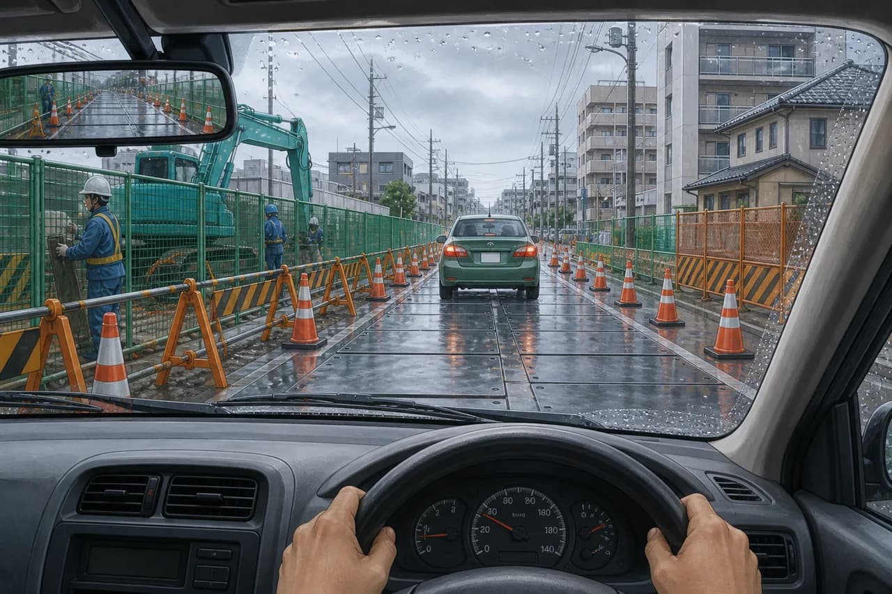 Rainy construction zone with wet steel plates, workers and a vehicle ahead