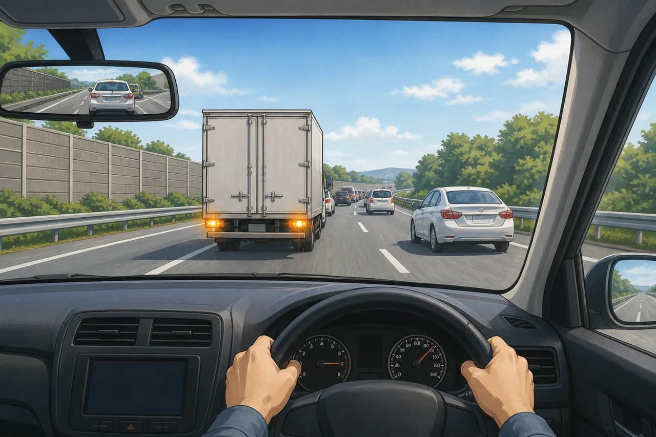 Expressway traffic slowing behind a truck with flashing hazard lights