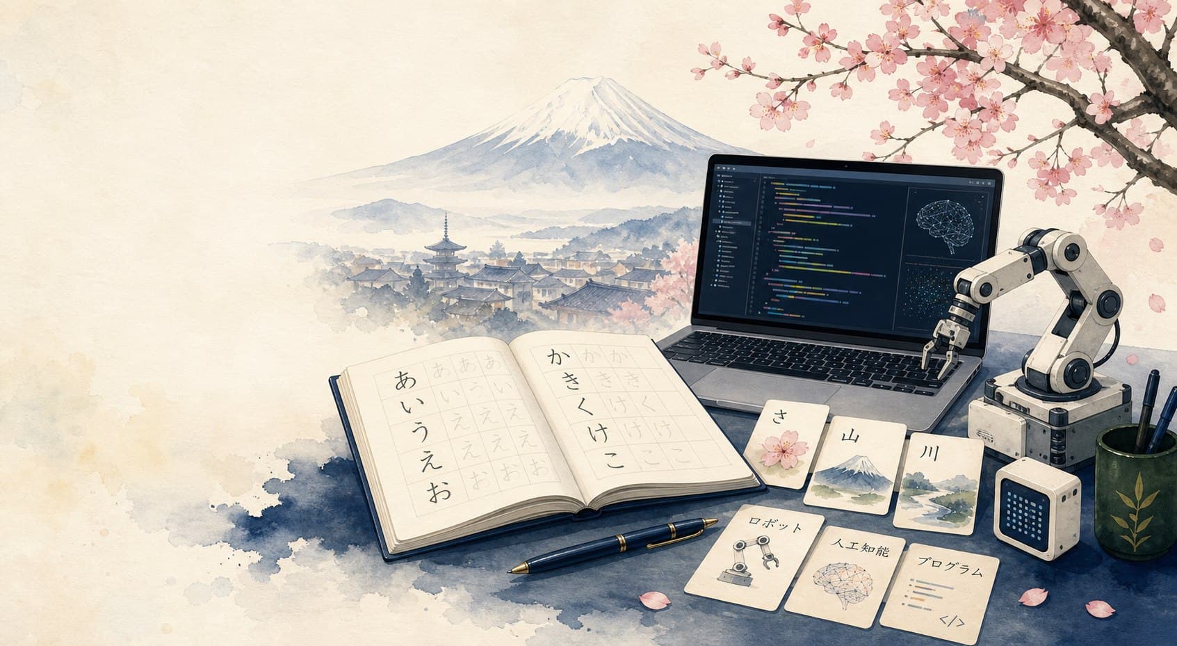 Japanese language, programming and robotics course illustration